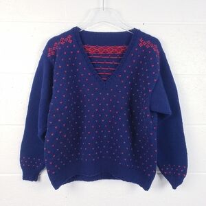 Vintage Handmade Sweater Navy Blue‎ Heart Print V-Neck Oversized Size Large